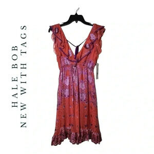 1850. HALE BOB BOHEMIAN MINI DRESS SIZE SMALL ORANGE‎ WITH PURPLE VELVET DESIGN